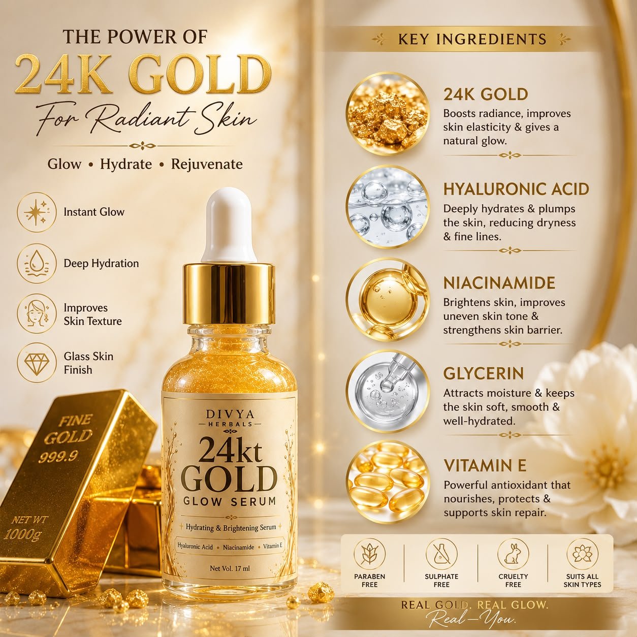 24K Gold Glow Serum | Hydrating & Brightening Face Serum with 24K Gold Dust, Hyaluronic Acid, Niacinamide & Calendula Extract | 17ml thumbnail 3
