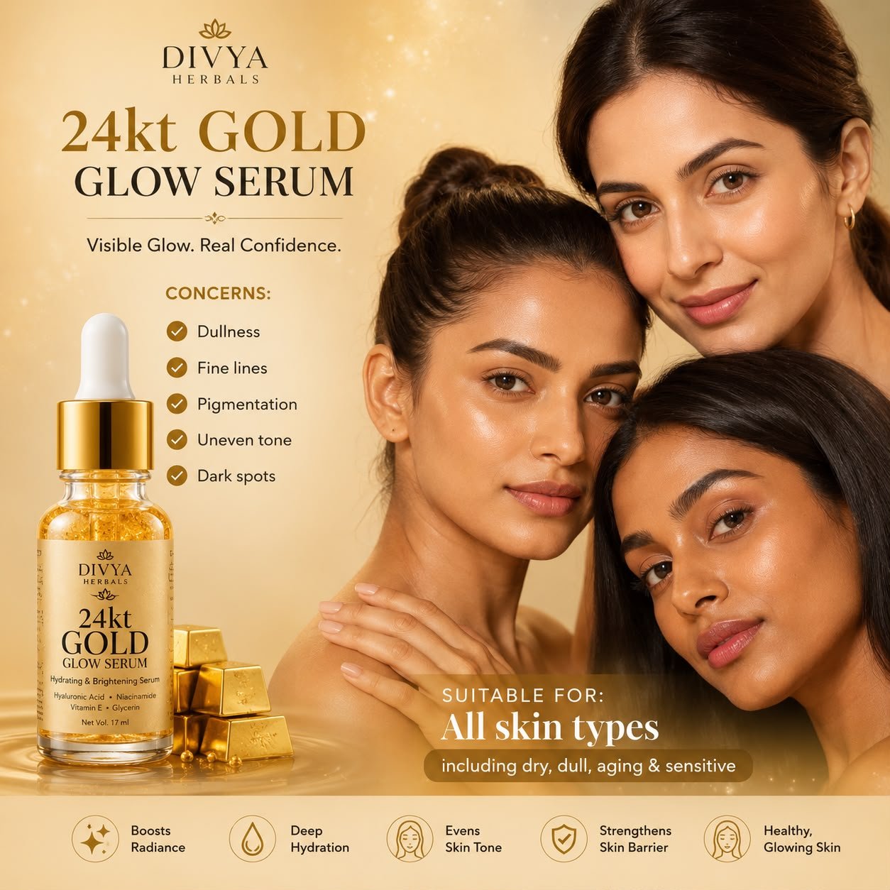 24K Gold Glow Serum | Hydrating & Brightening Face Serum with 24K Gold Dust, Hyaluronic Acid, Niacinamide & Calendula Extract | 17ml thumbnail 5