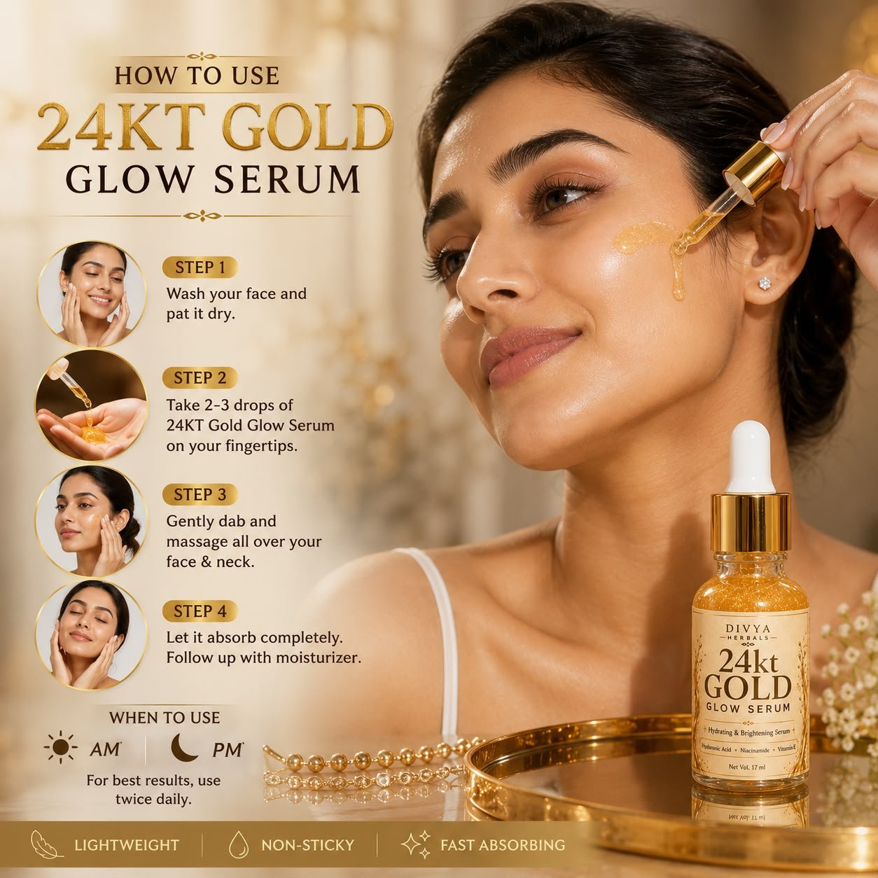 24K Gold Glow Serum | Hydrating & Brightening Face Serum with 24K Gold Dust, Hyaluronic Acid, Niacinamide & Calendula Extract | 17ml thumbnail 4