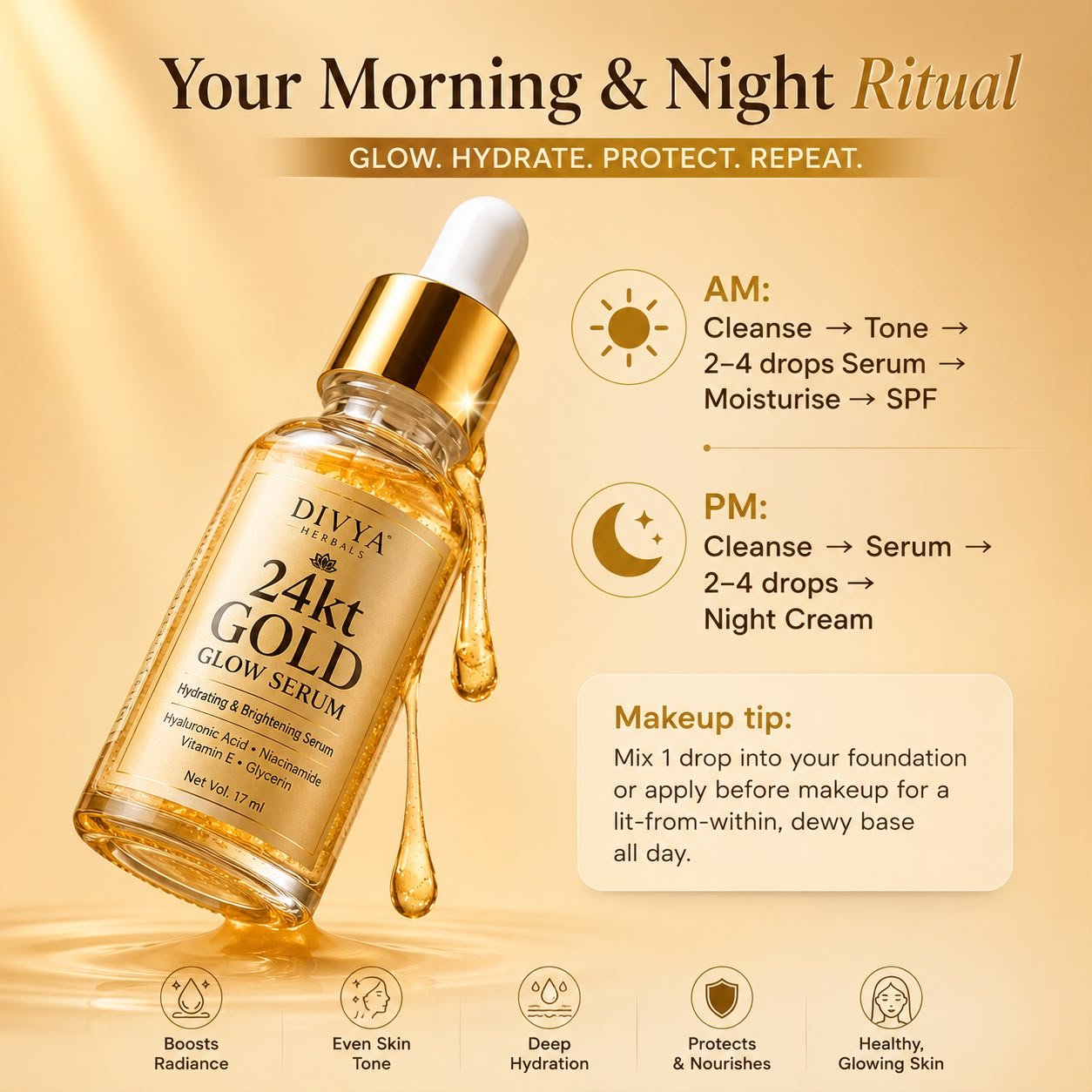 24K Gold Glow Serum | Hydrating & Brightening Face Serum with 24K Gold Dust, Hyaluronic Acid, Niacinamide & Calendula Extract | 17ml thumbnail 2